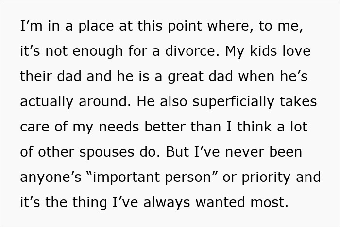 Text excerpt discussing a man prioritizing work over family, with the wife feeling unimportant despite his role as a dad.