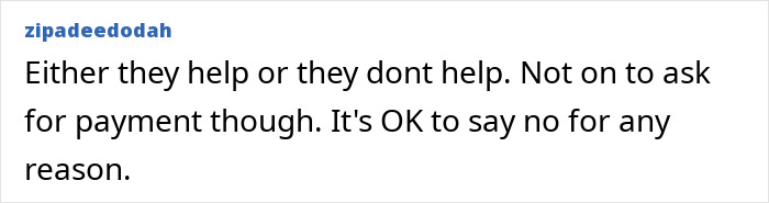 Comment text on a white background discussing payment expectations from pregnant SIL paying nieces for help.