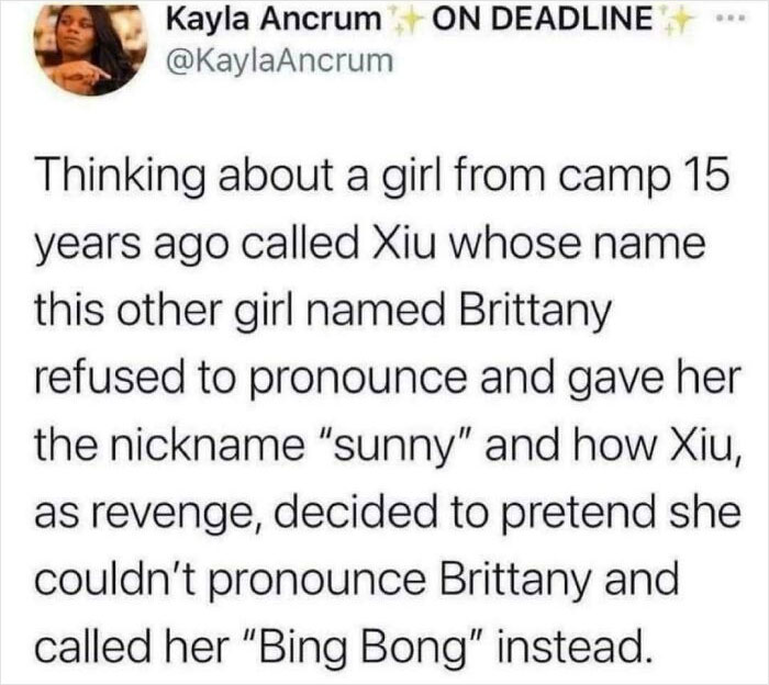 Text post depicting an example of petty revenge where name mispronunciations are used to annoy others.