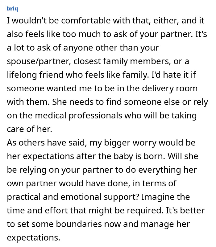 Text discussing discomfort with partner's birth support role and managing expectations for emotional support after birth. Text discussing discomfort with partner's birth support role and managing expectations for emotional support after birth.