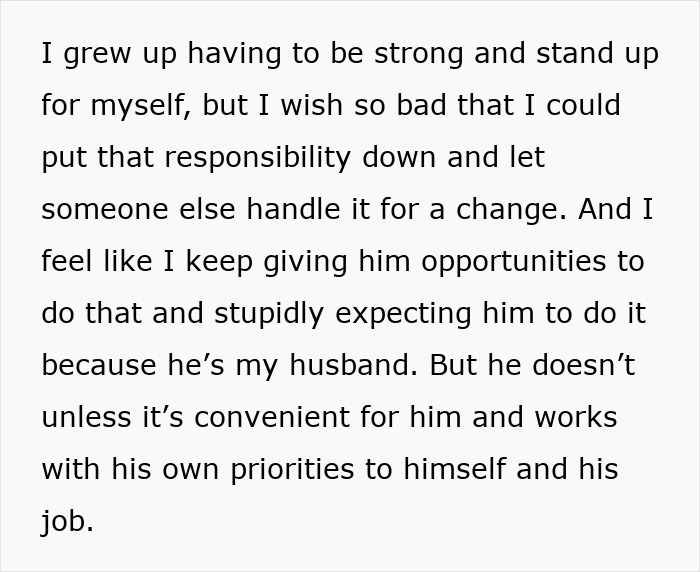 Text excerpt showing a woman describing how her husband prioritizes work over family and is self-focused.