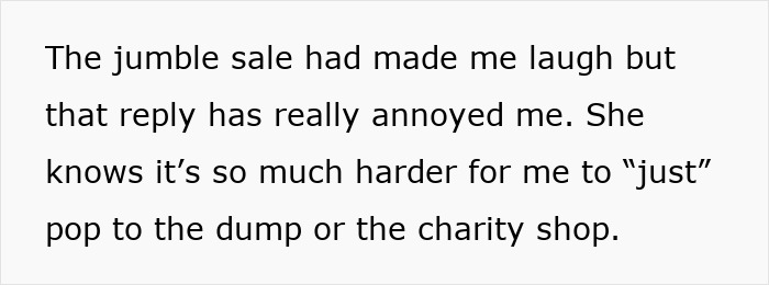 Text from a message discussing annoyance about receiving broken gifts, with mention of charity shops and dumping. Text from a message discussing annoyance about receiving broken gifts, with mention of charity shops and dumping.
