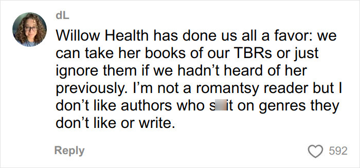 Social media comment discussing romantasy books and criticism of authors judging genres they don’t write.