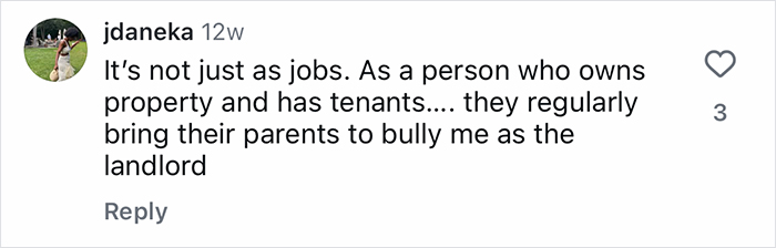 Comment on social media about tenants bringing parents to confront landlord, illustrating Gen-Z workers relying on mom to fight work battles.