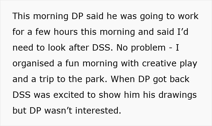Text describing an ungrateful husband showing lack of support in parenting while child shares drawings enthusiastically.