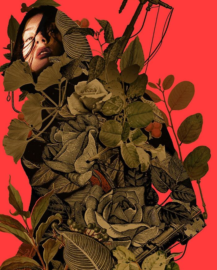 A collage of a woman intertwined with intricate detailed leaves and flowers against a bold red background.