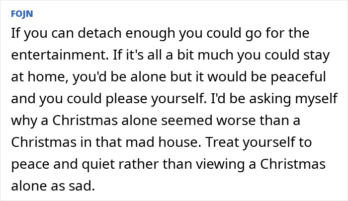 Commenter discussing dealing with wild Christmas family drama, screaming matches, and alcohol-fueled fights during holidays. Commenter discussing dealing with wild Christmas family drama, screaming matches, and alcohol-fueled fights during holidays.