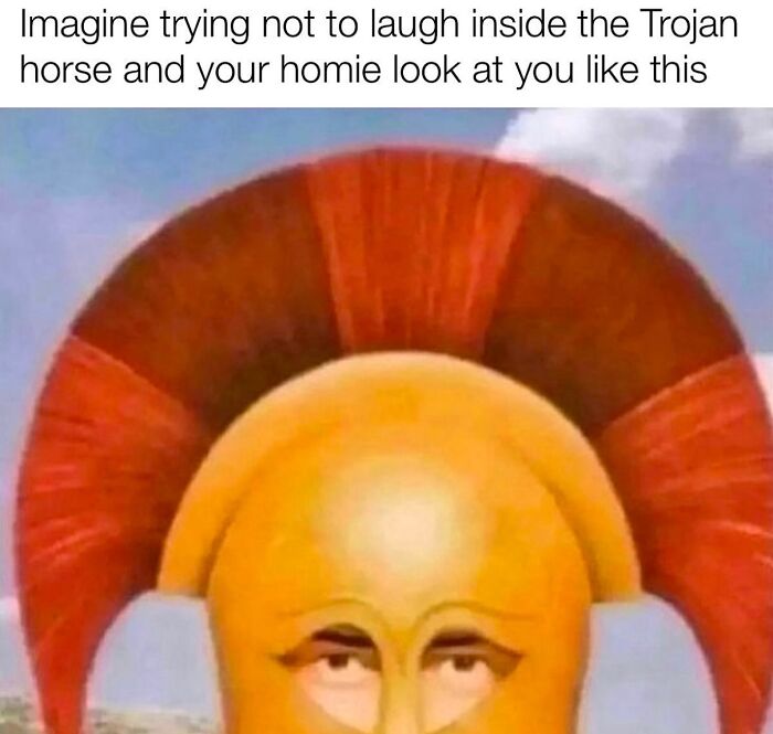 Funny meme featuring a Trojan horse helmet with a face, highlighting randomly funny memes that lighten life.