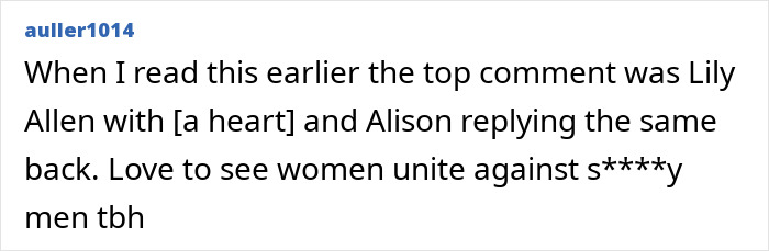 Comment mentioning Alison Sudol and women uniting against toxic men in an online discussion thread. Comment mentioning Alison Sudol and women uniting against toxic men in an online discussion thread.