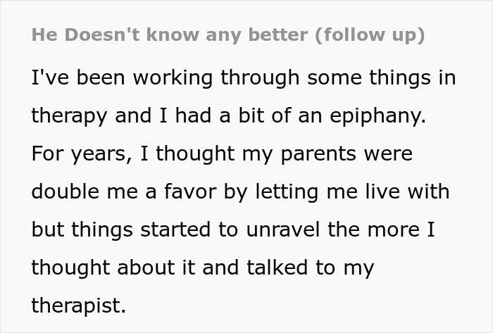 Text excerpt from therapy session revealing realization about entitled parents and autistic brother's behavior being ignored.