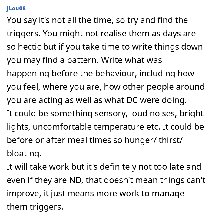 Text explaining how a mom notices her kids' behavior issues, including triggers like sensory input and meal times.