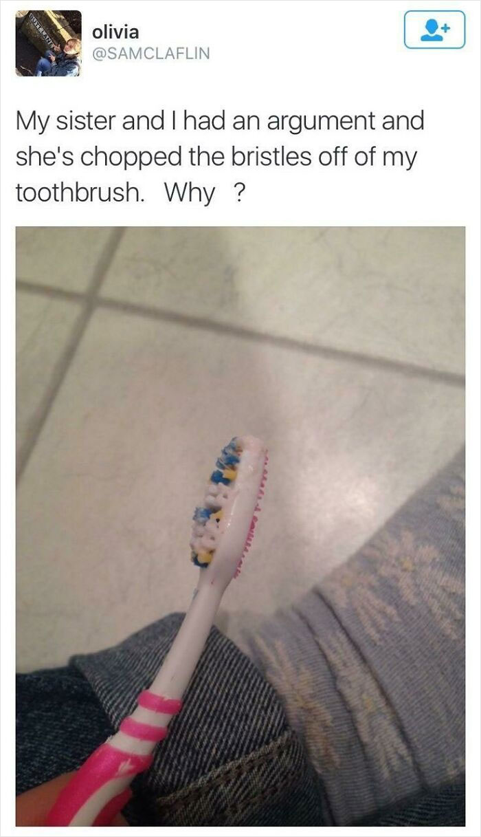 Tweet showing petty revenge with a toothbrush having its bristles chopped off after an argument between siblings.