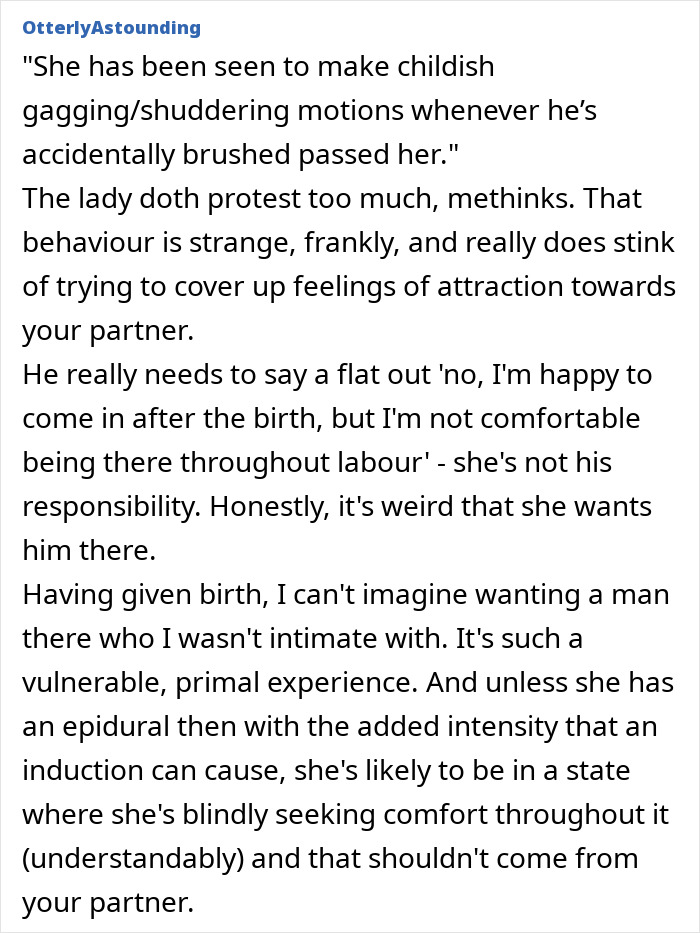 Woman feels hurt and disappointed as partner’s first birth support experience will not be with her during labor.