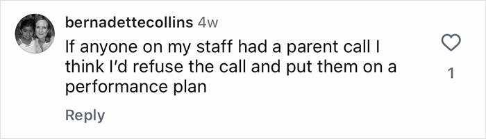 Comment expressing a manager’s view on Gen-Z workers relying on parents to handle work issues, with concern from bosses.