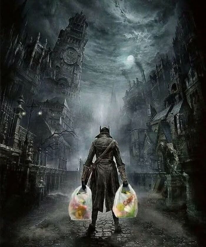 Dark gothic cityscape with cloaked figure holding two grocery bags, an intense scene of pics that go hard.