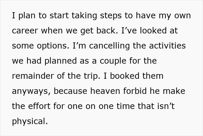 Text showing a wife canceling planned couple activities as her man prioritizes work and pretends not to have a family.