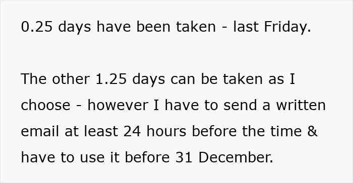 Text showing details about employee time off policy with manager letting employee take time off and reacting unexpectedly. Text showing details about employee time off policy with manager letting employee take time off and reacting unexpectedly.