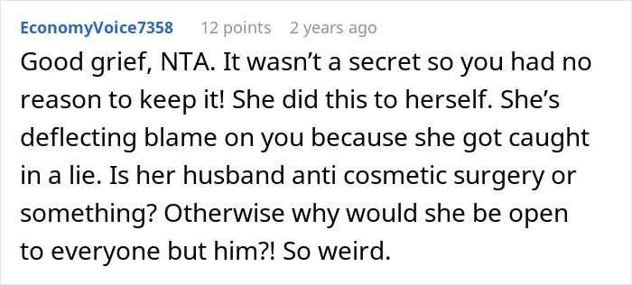 Screenshot of a Reddit comment discussing friendship problems after a woman exposes a secret about cosmetic surgery. Screenshot of a Reddit comment discussing friendship problems after a woman exposes a secret about cosmetic surgery.