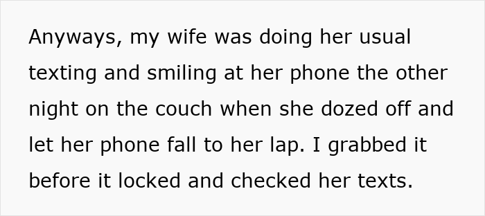 Text excerpt describing a husband noticing his wife texting and smiling, then checking her phone messages secretly.