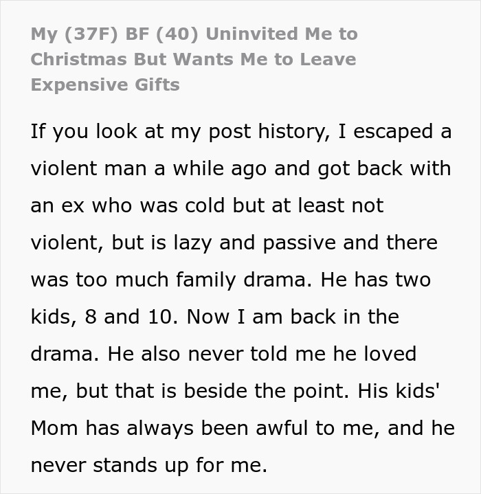 Woman Buys Expensive Gifts For BF’s Kids, Is Told She Can’t Spend Christmas With Them