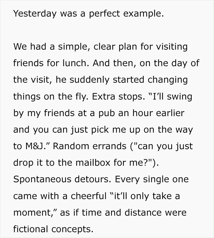 Alt text: Woman stops treating husband like a kid, leading to unexpected chaos during their planned visit and spontaneous detours.