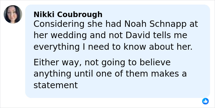 Social media comment discussing Millie Bobby Brown and David Harbour&rsquo;s complex relationship amid allegations.