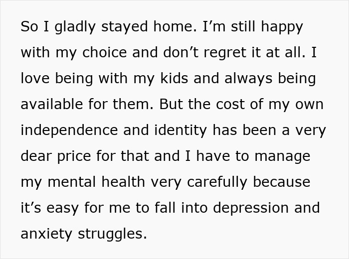 Text about managing mental health and the impact of prioritizing work over family in a personal reflection.