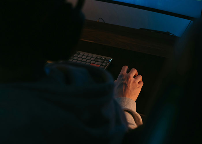 Person using a computer in a dimly lit room, symbolizing secrecy related to trainee police officer inside secrets.
