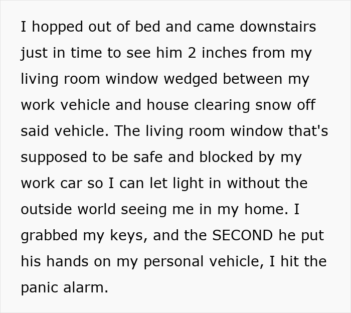 Text describing a neighbor clearing snow off a vehicle early morning before the car owner activates the panic alarm for revenge.