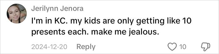 Comment on social media about kids receiving limited presents, relating to viral mom and consumerism backlash.