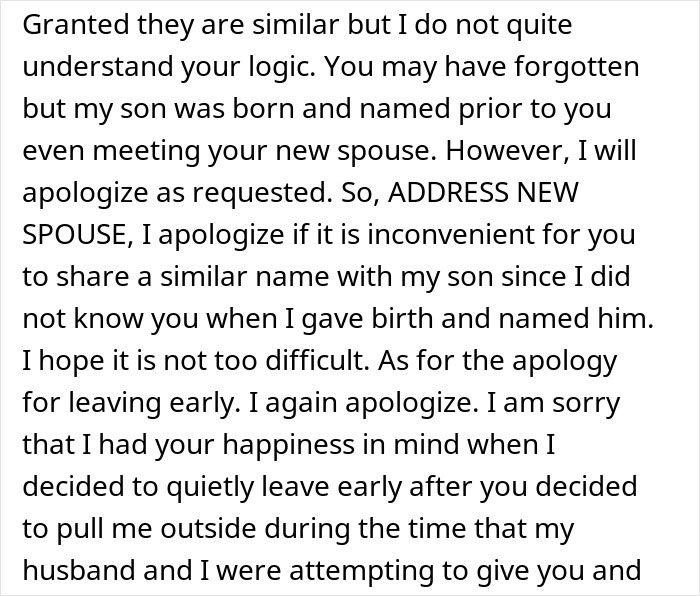 Text message discussing a tense apology involving a bride, her mad cousin, and wedding dress issues at a family event. Text message discussing a tense apology involving a bride, her mad cousin, and wedding dress issues at a family event.