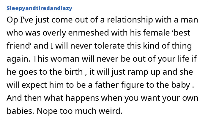 Screenshot of a forum post about a woman feeling hurt as partner’s first birth support experience will not include her.