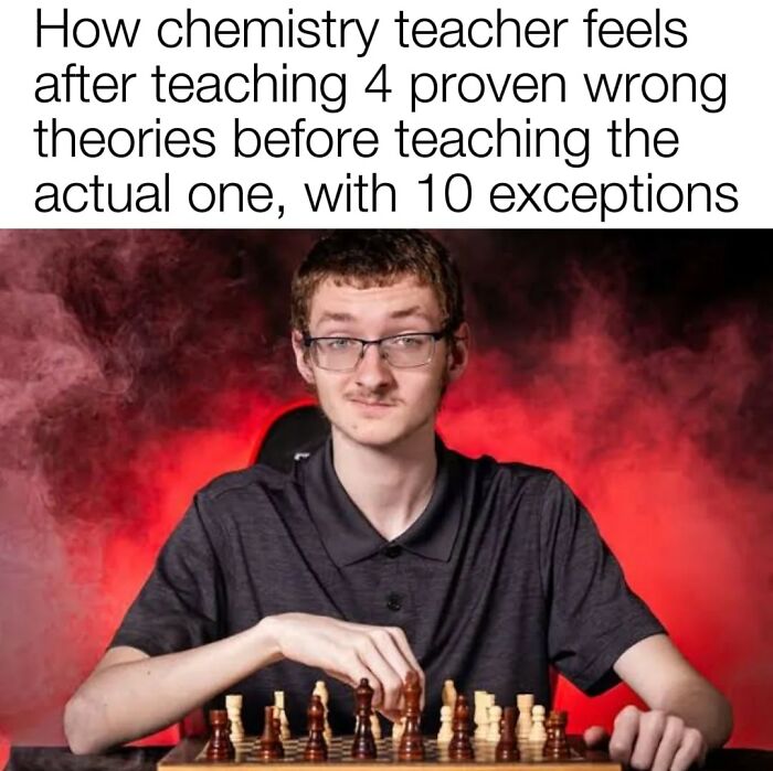 Young man with glasses playing chess, illustrating a chemistry teacher's frustration, featured in hilarious educational memes.