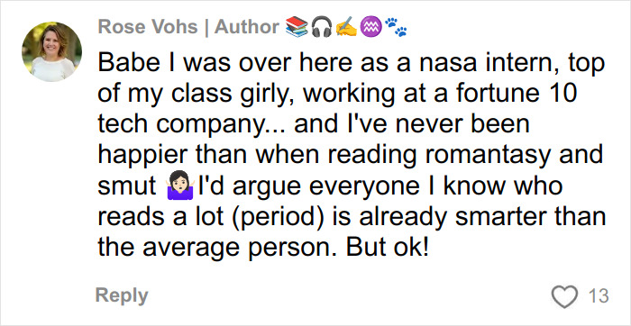Comment from author defending women who read romantasy books, discussing intelligence and reactions to criticism.