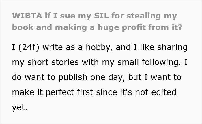 Text post discussing a woman considering legal action after her sister-in-law stole and published her book for profit.