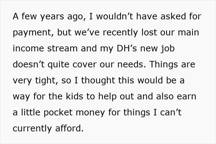 Text excerpt about pregnant SIL paying nieces for help and mom stopping visits after payments stop due to tight finances. Text excerpt about pregnant SIL paying nieces for help and mom stopping visits after payments stop due to tight finances.
