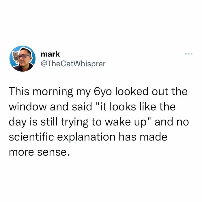 Parenting and marriage tweet sharing a child's relatable morning observation about the day still trying to wake up.