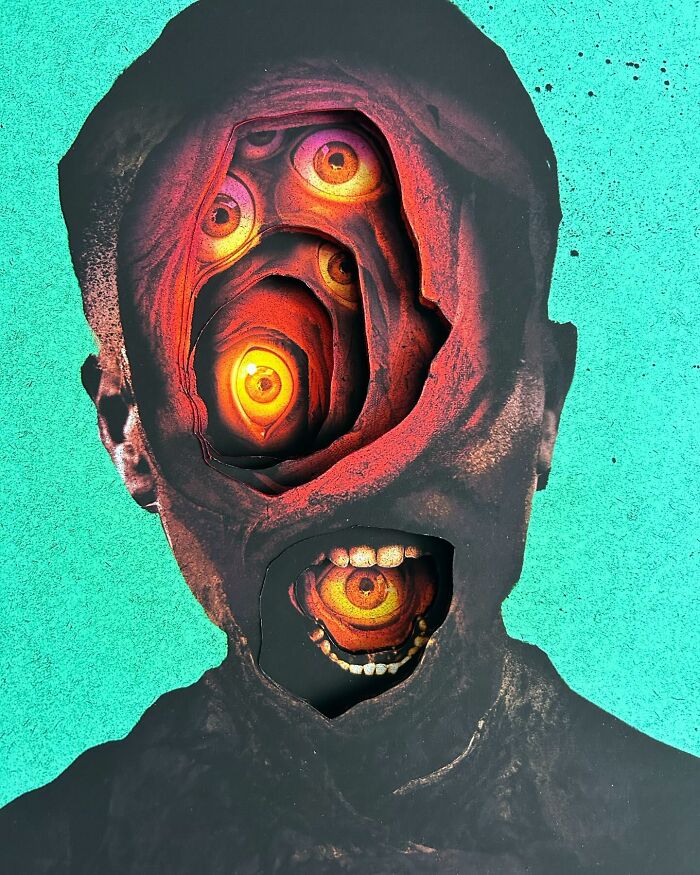 Surreal intricate collage of a human silhouette with multiple glowing eyes and a mouth inside the head against a teal background.