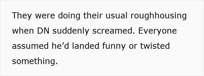Text snippet describing a teen's sudden pain during roughhousing, hinting at a sprain and c*****d ribs incident. Text snippet describing a teen's sudden pain during roughhousing, hinting at a sprain and c*****d ribs incident.