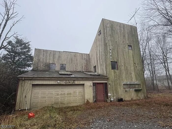 Unusual and weathered Zillow home with unique architecture surrounded by bare trees and a foggy atmosphere.