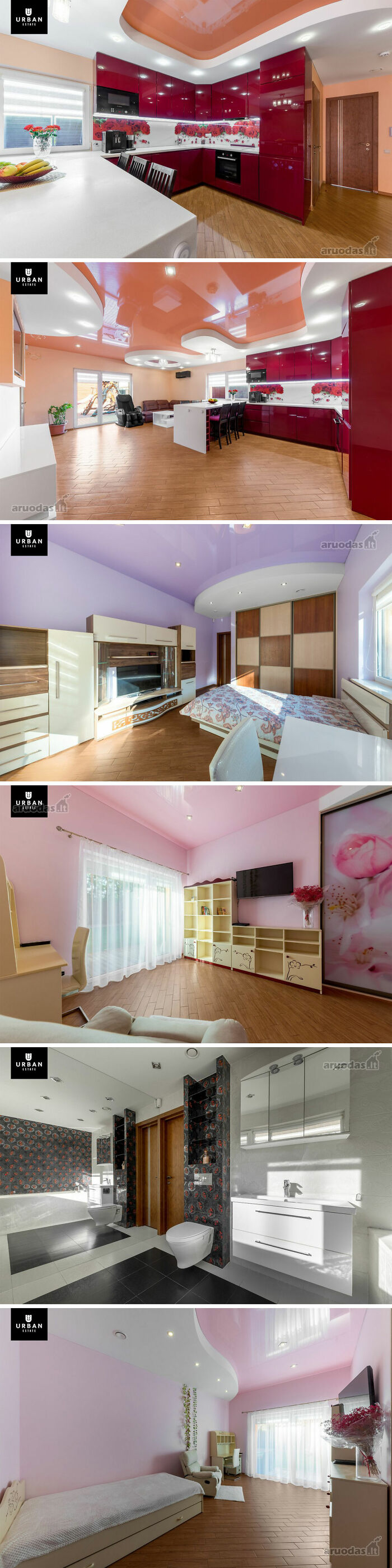 Modern real estate listing photos showcasing interior designs with bold colors and unique styles in various rooms.