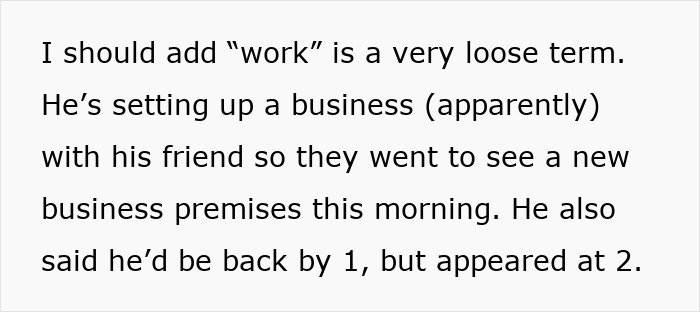 Text on a white background describing an ungrateful husband’s loose approach to work and parenting support.