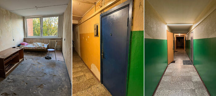 Three wild real estate listings showing a rundown room, aged apartment door, and dimly lit hallway with green and beige walls.