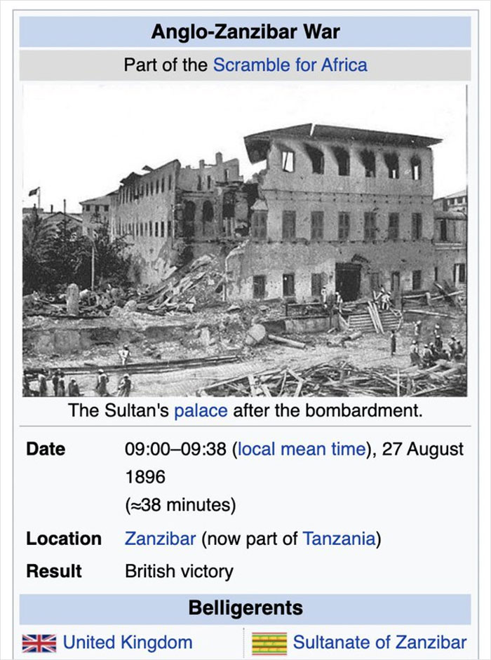 Historic Anglo-Zanzibar War Wikipedia entry showing the Sultan's palace after bombardment with detailed battle info.