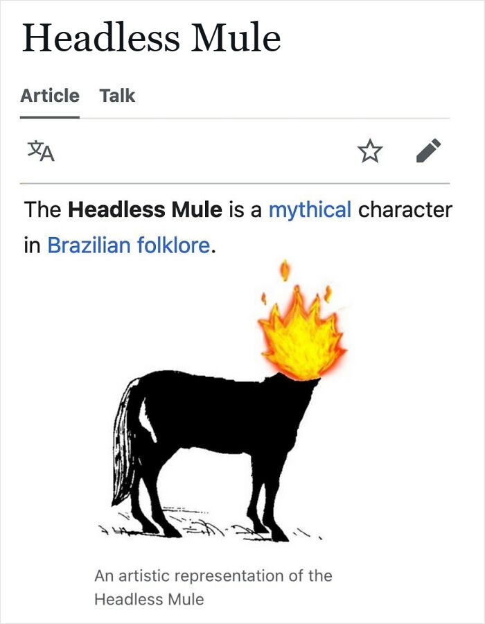 Headless Mule Wikipedia entry showing a mythical character in Brazilian folklore with a burning head illustration.