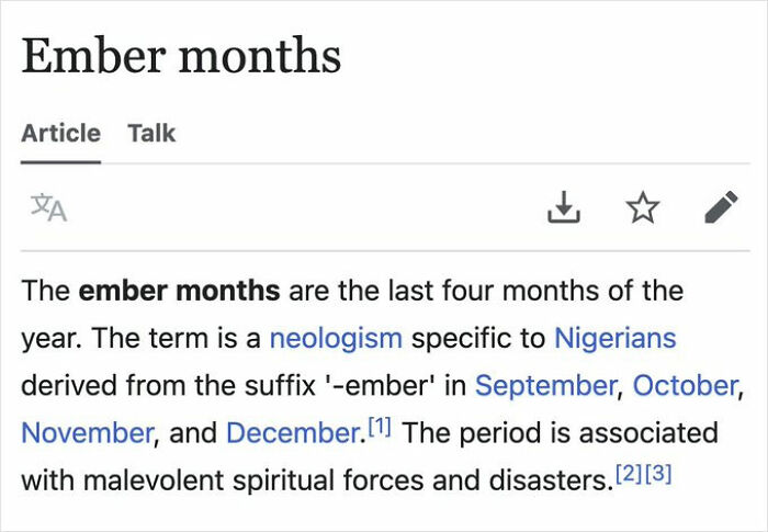 Screenshot of a Wikipedia page describing ember months as the last four months of the year with a unique cultural meaning.