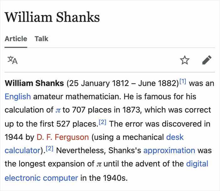 Wikipedia excerpt about William Shanks, an English mathematician known for calculating pi’s digits before computers.