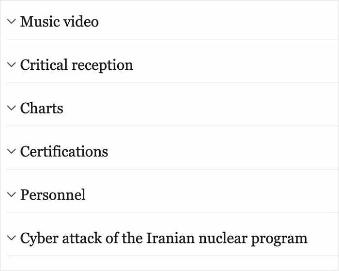 Screenshot of Wikipedia page sections including music video, critical reception, charts, certifications, personnel, and cyber attack entries.