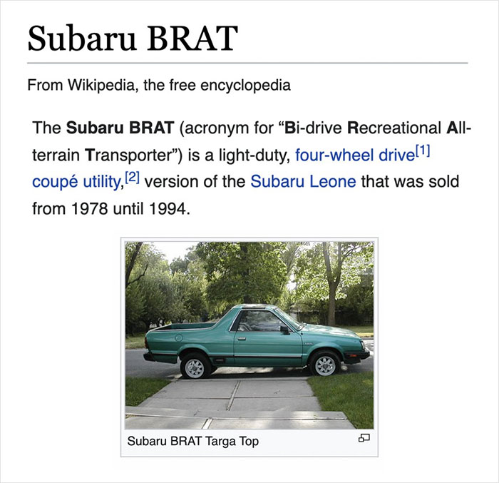 Wikipedia page showing Subaru BRAT car with detailed description, a funny gem found on the platform.