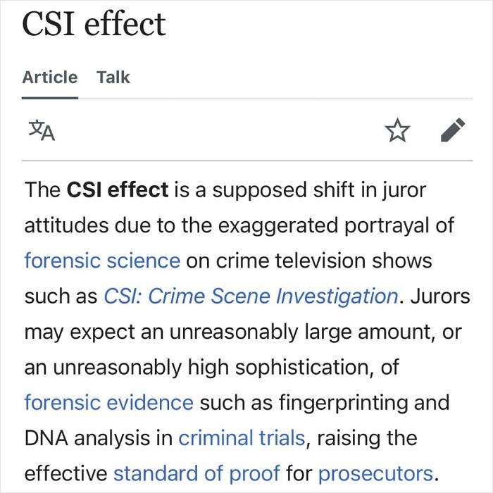 Wikipedia screenshot explaining the CSI effect and its impact on juror attitudes and forensic science expectations.